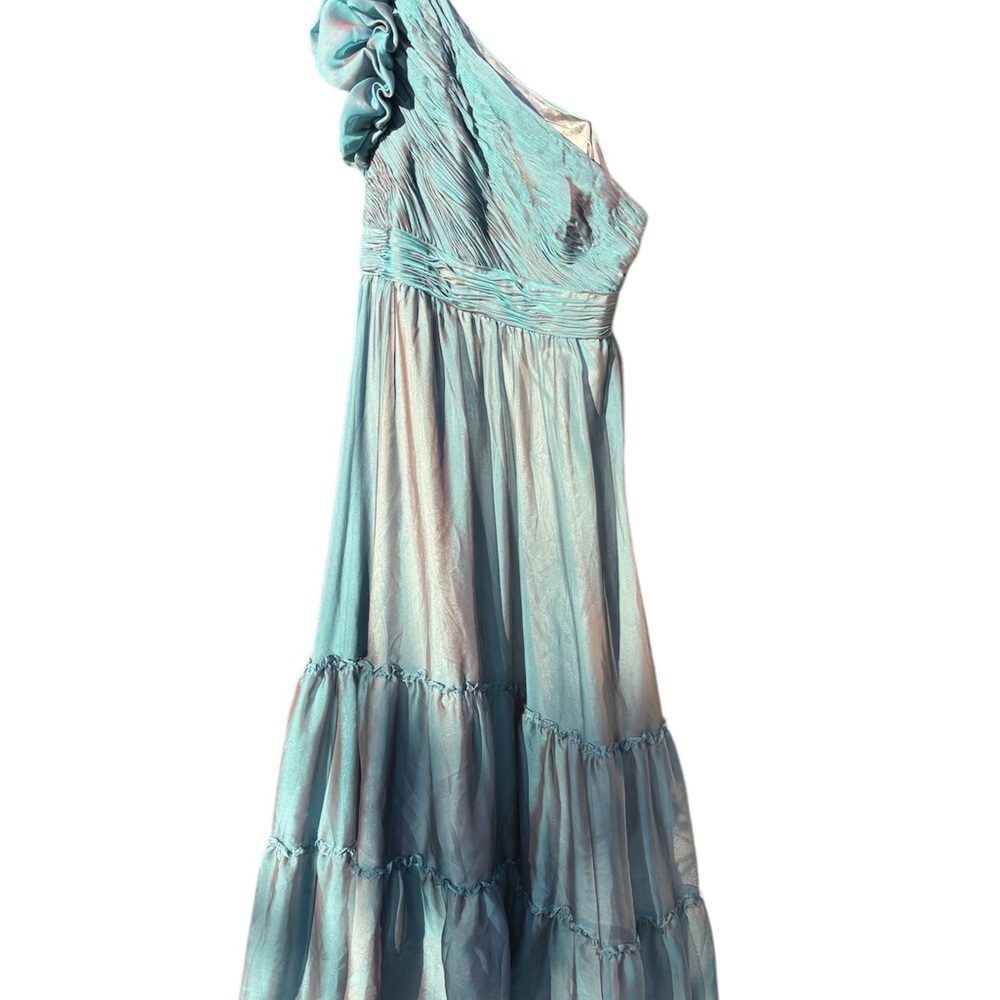 Mac Dugal Blue Organza One Shoulder Pleated Gown size 14 - Picture 7 of 7